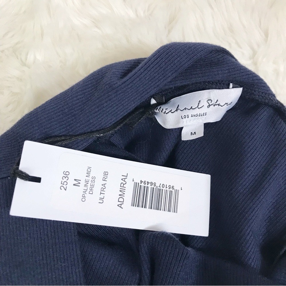 MICHAEL STARS Opaline Midi Dress Medium Navy Blue Bodycon Halter Ruched Ribbed - Picture 6 of 10